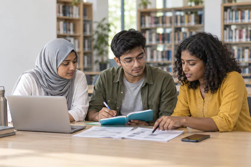 Three final-year students at a library table; one points to a printed job description while another takes notes.